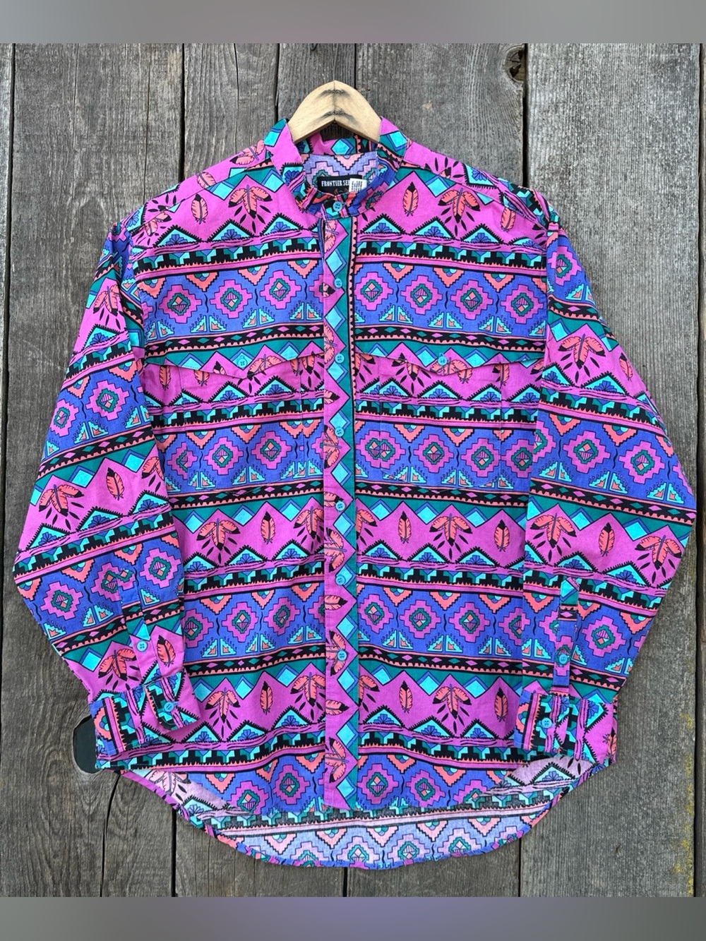 VTG 90s Wrangler Frontier Series Band Collar Southwest Geometric Rodeo Shirt XL